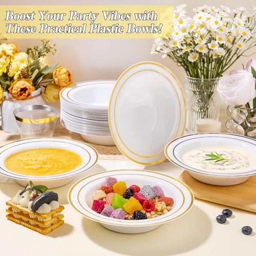 Disposable Soup Bowls with Gold Rim - 200 Pack, Heavy Duty, 12oz