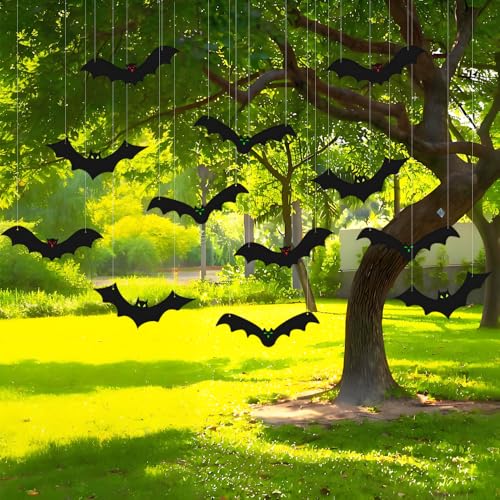 Halloween Hanging Bat Decorations with Glowing Eyes - 12PCS Outdoor Indoor Decor