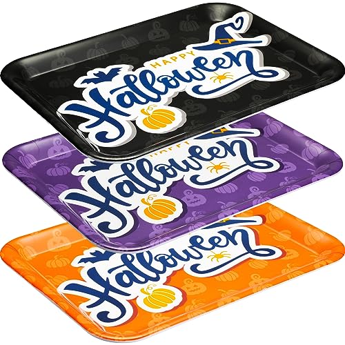 Halloween Serving Trays Set of 3, Reusable Pumpkin & Bat Design, 13x10 Inch