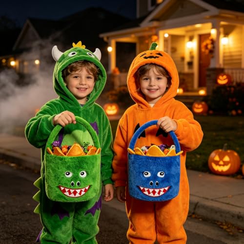 Green & Blue Dinosaur Plush Halloween Trick or Treat Basket - 8 Inch Dia, 15.7 Inch Tall, Kids Gift & Party Decor