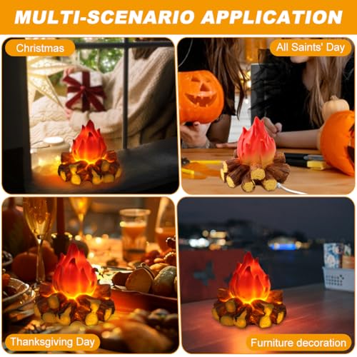 Small Fake Campfire Night Light - 3D Flickering LED Fire Flame with Log for Home Decor