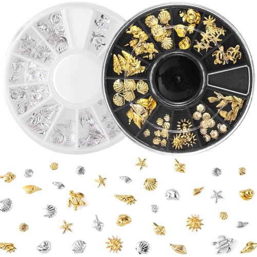 Ocean Theme Nail Art Charms Set - Silver & Gold Disc 2-Piece, 12 Styles, Beach & Seashells