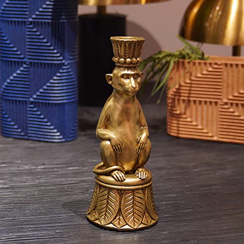 Monkey Candle Stick Holder - Gold Resin Table Decor, Unique Animal Gift
