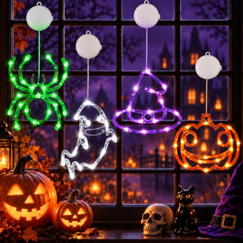 Halloween Window Lights 4 Pack - Pumpkin Ghost Spider Witch Hat Decor - Orange Purple Green