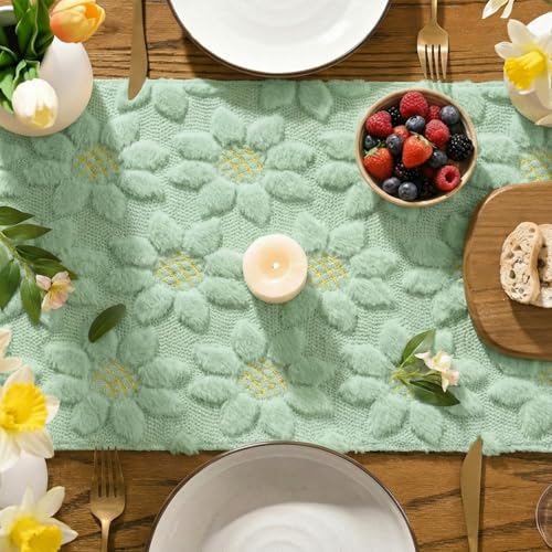Green Faux Fur Sunflower Table Runner - 13x48 Inch Home Dining Decor