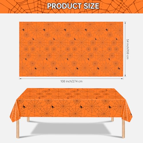 Halloween Spider Web Tablecloth - Orange Disposable Plastic Cover, 108x54 Inch, Set of 2