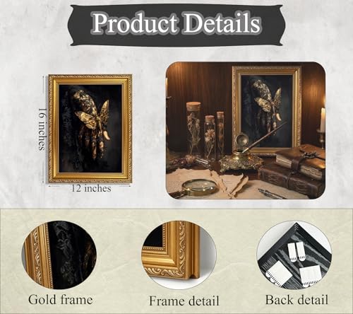 Dark Academia Gothic Wall Art - Moths Lace Hand with Gold Frame 16x12in - Victorian Moody Artwork for Bedroom & Dorm - Variation of Moths Lace Hand Framed