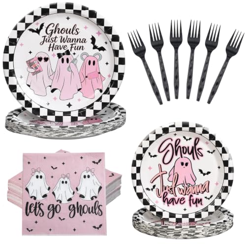 Pink Ghost Girl Night Halloween Party Tableware Set for 25 Guests - Disposable Plates & Napkins - Rokochoes