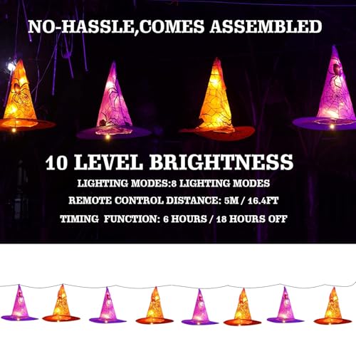 FUNPENY Halloween Hanging Witch Hat String Lights - Purple & Orange 2 Pack Waterproof Indoor Outdoor Decorations