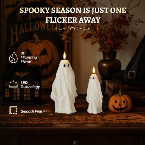 Ghost Flameless Pillar Candles with Remote Set of 2 for Halloween Decor