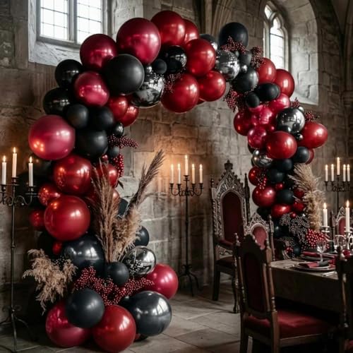 Double Stuffed Black Red Burgundy Balloon Garland Kit for Gothic Halloween Party - Variation: Black Red Burgundy