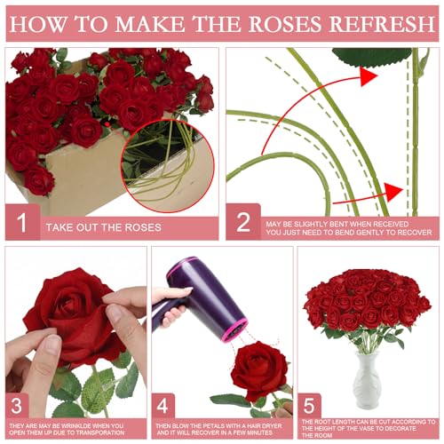 Artificial Red Roses Bulk - 100 Realistic Silk Flowers with Bendable Stems