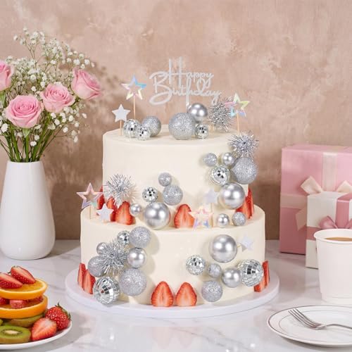 Disco Theme Cake Topper Set - 57 Pcs Birthday Party Decorations, Glitter Balls & Stars