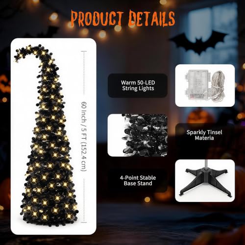 Black Curved Halloween Tree 5FT with Remote & Timer - Sequin Decor - Variation: Black-8