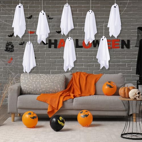 Halloween Hanging Ghost Decorations Set - 12 White Cloth Ghosts for Indoor Outdoor Spooky Decor