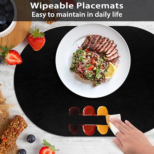 Oval Heat Resistant Placemats Set of 6 - Waterproof & Washable Table Mats, 12x17 Inch, Black