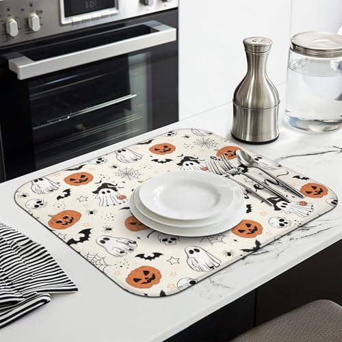 Halloween Dish Drying Mat for Kitchen Counter - Happy Halloween 16x18 Inch Pumpkin Skull Ghost Pattern Microfiber Absorbent Drain Pad
