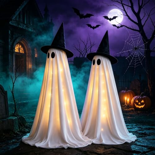 Big Ghost Halloween Light-Up Decorations - 4.76Ft Outdoor Indoor Spooky Decor with Witch Hat