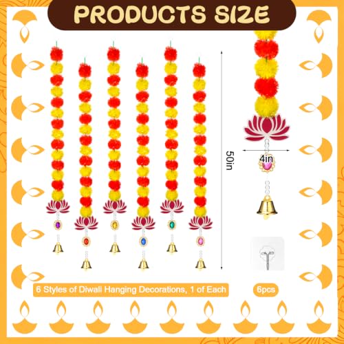 Artificial Marigold Garland with Lotus and Bells - Diwali Festival Decor Set of 6