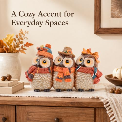 Autumn Owl Figurines Set - Fall Harvest Decor for Thanksgiving & Halloween