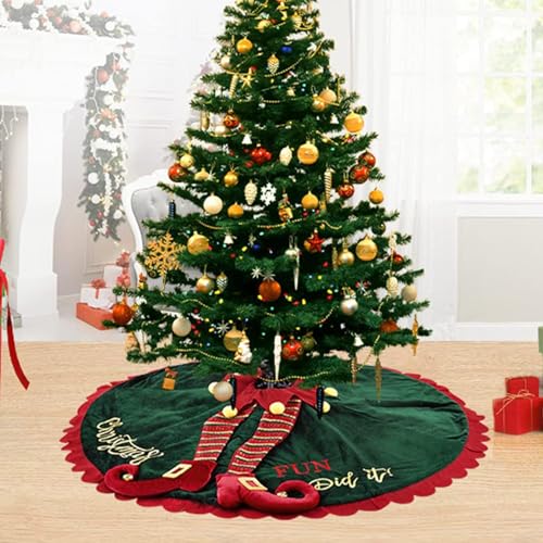 Elf Christmas Tree Skirt 48 Inch Velvet Holiday Decor with Ripple Trim