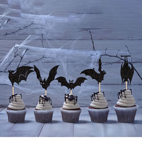 Halloween Bat Cupcake Toppers - Black Glitter Silhouette, Pattern 16, 24 Pack