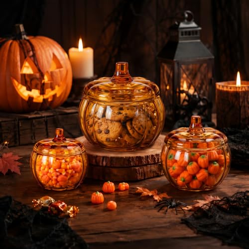 Set of 3 Amber Glass Pumpkin Jars with Lids for Fall & Halloween Decor