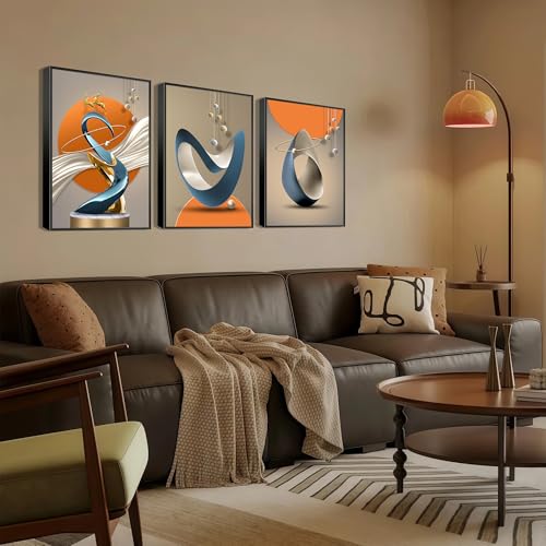 Black-Framed 3-Piece Modern Abstract Canvas Wall Art - Golden Deer, Foil Lines, 12x16in
