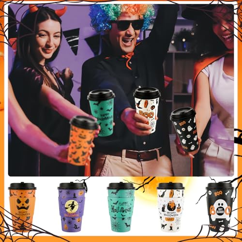 50 Pack Halloween Disposable Coffee Cups 16oz with Lids & Sleeves - Spooky Party Drinkware