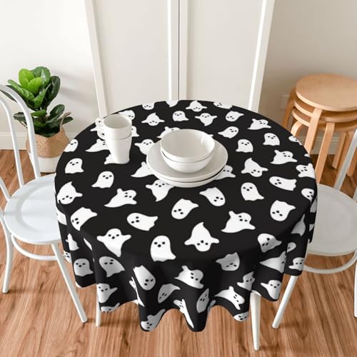 Halloween Round Tablecloth 60 Inch Black & White Ghost Design - Reusable Table Cover for Home & Parties - Cute Ghost Variation