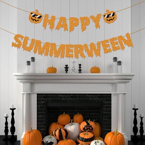 Summer Halloween Banner with Glitter Pumpkin Decorations for Summerween Party