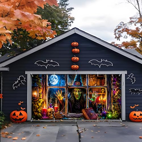 Halloween Garage Door Banner Cover - Spooky Witch & Black Cat Wall Mural - 7x16 FT - Variation 247