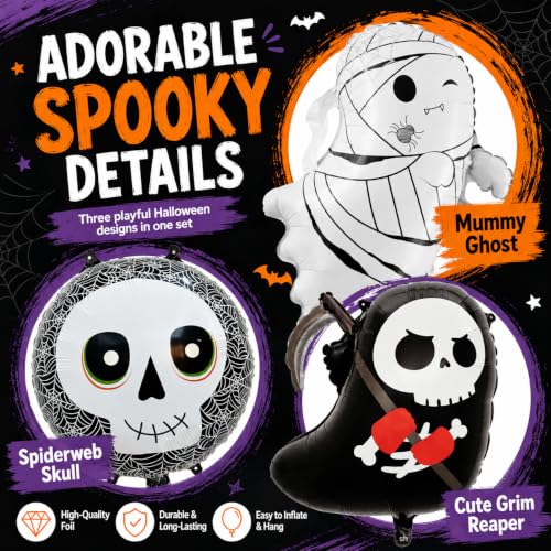 Halloween Foil Balloons Set - Mummy, Skull, Grim Reaper Decorations for Party