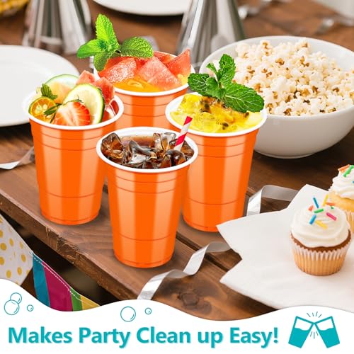 LANLISA 16 oz Orange Disposable Plastic Cups - 100 Pack for Parties