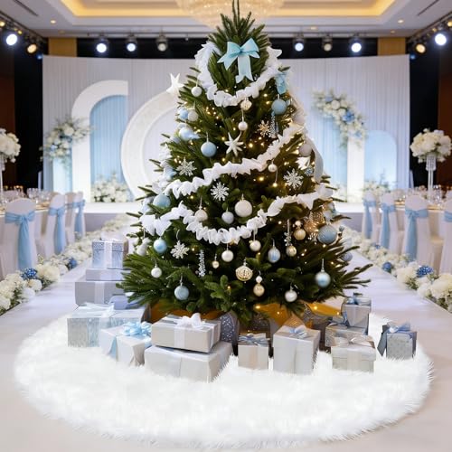 60 Inch White Faux Fur Christmas Tree Skirt – Large Snow White Holiday Decor