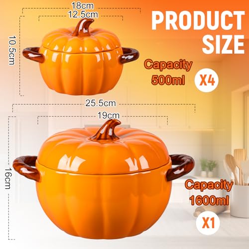 Orange Ceramic Pumpkin Bowls Set of 5 with Lids & Handles - Fall Decor