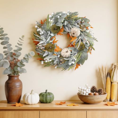 22 Inch Fall Eucalyptus Wreath with Pumpkins Berries and Maple Leaves for Front Door Indoor Outdoor Halloween Thanksgiving Decor