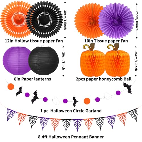 Halloween Party Decorations Set - Orange, Black & Purple Festive Decor - Includes Fans, Lanterns & Web Flags - Halloween