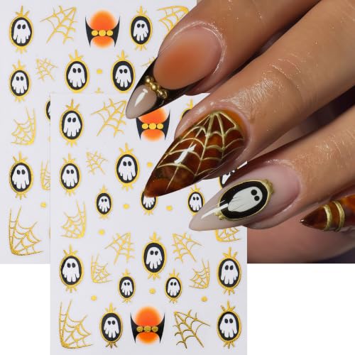 Halloween Ghost Nail Stickers Set - Gold Spider Web Design & Embossed Pumpkin, 4 Sheets with Variation - DIY Nail Art Decorations