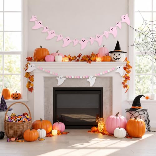 Pink Ghost Felt Garland - 3 Pack 6ft Halloween Decor with Adjustable Spacing