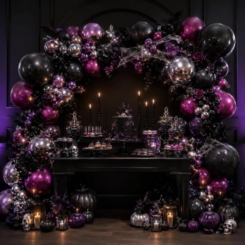 Black Purple Balloon Arch Kit Double Stuffed Purple Silver Foil Balloons