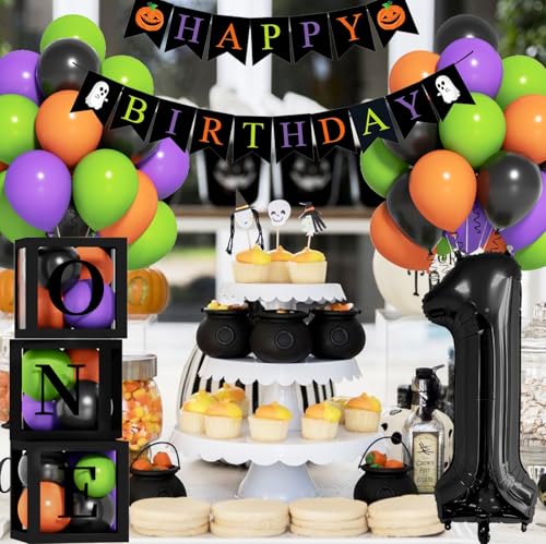 Halloween First Birthday Balloon Set with Number 1 Foil Balloon Banner and Colorful Balloons - Black, Orange, Purple, Green - Variation: Black Green Purple Orange
