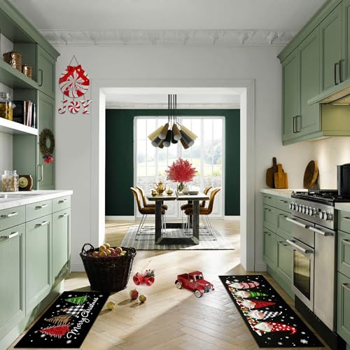 Black Christmas Kitchen Rugs Set of 2 - Festive Gnome & Buffalo Plaid Decor