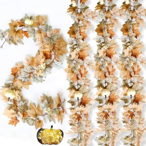 Fall Garland with Lights 4 Pack - Maple Leaves Pumpkin Berries Autumn Decor, 6Ft Each, Halloween Thanksgiving Christmas