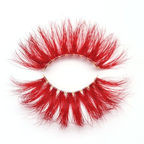 Red 3D Mink Eyelashes - Super Long 27mm False Lashes with Invisible Band, 1 Pair - M3D-460