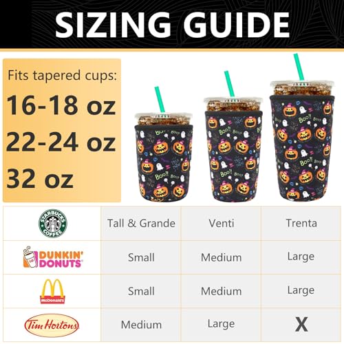 Halloween Boo Reusable Neoprene Coffee Cup Sleeve - 3 Pack for Iced & Hot Drinks