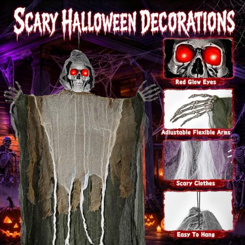 Grey Hanging Ghost Decorations Set - Spooky Halloween Skeleton & Ghost Decor with Glowing Eyes - 3PCS
