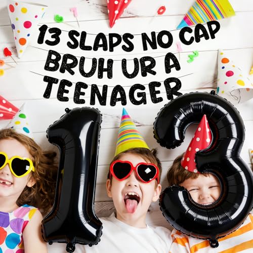Black 13th Birthday Decorations for Boys Balloon Banner & Number 13 Foil Balloon