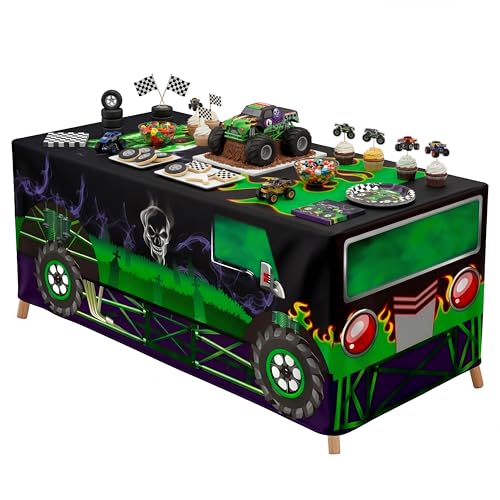 Kids Monster Truck Tablecloth for Birthday Party, Reusable Polyester Decoration
