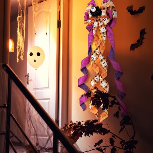 Large Halloween Tree Topper Bow - Spooky Ghosts, Eyeballs & Black Roses Decoration